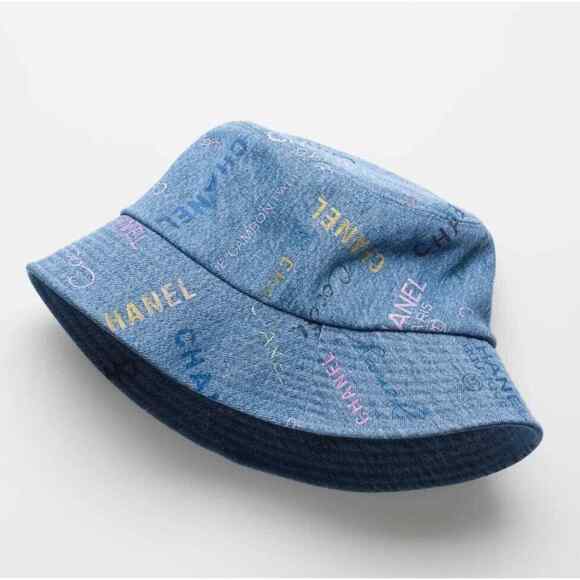 Chanel 22P Blue Black Pink Denim Graffiti CC Logo Sun Cloche Bucket Hat Large L - Picture 1 of 11
